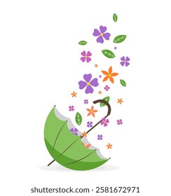 Green umbrella with spring flowers on white background