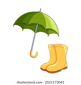 Green Umbrella And Yellow Rain Boots Isolated on White Background. Perfect Autumn And Rainy Weather Elements