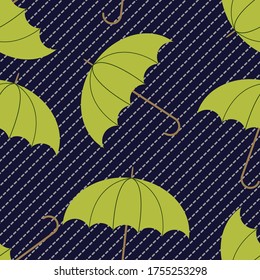 Green umbrellas and night rain vector seamless pattern for decoration, wrapping paper, textile.