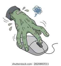 Green undead hand using grey pc mouse, comic style zombie limb, technology stress concept, funny monster illustration.