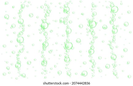 Green underwater bubbles isolated on white background. Fizzy carbonated drink, soap suds, shampoo or cleanser foam. Vector realistic illustration.
