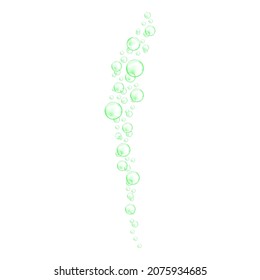 Green underwater bubbles streaming. Fizzy carbonated drink, soap suds, shampoo or cleanser foam texture isolated on white background. Vector realistic illustration.