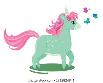 Green unicorn with butterflies. Pony with pink mane runs to insects. Fictional character, imagination and fantasy, fairy tale. Graphic element for printing on fabric. Cartoon flat vector illustration