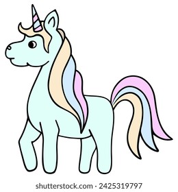 Green unicorn. Magic horse with a horn on its head. Color vector illustration. Cartoon style. Cute pony with a lush pink-orange mane and tail. Isolated background. Idea for web design.