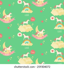 Green unicorn pattern with moon clouds rainbows sparks hearts and stars