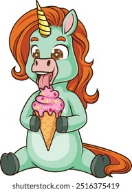 Green unicorn sitting down and licking an ice cream cone vector illustration