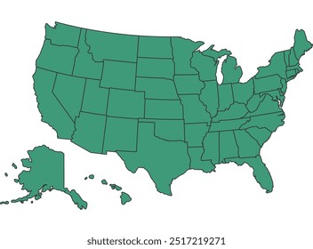 Green United States Of America Simple map with states border outline vector