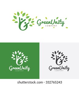 Green unity family and ecology care logo template.