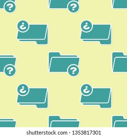 Green Unknown directory icon isolated seamless pattern on yellow background. Magnifying glass and folder. Flat design. Vector Illustration