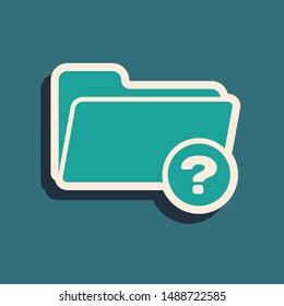 Green Unknown directory icon isolated on blue background. Magnifying glass and folder. Long shadow style. Vector Illustration