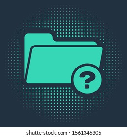Green Unknown directory icon isolated on blue background. Magnifying glass and folder. Abstract circle random dots. Vector Illustration