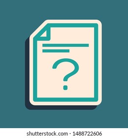 Green Unknown document icon isolated on blue background. File with Question mark. Hold report, service and global search sign. Long shadow style. Vector Illustration