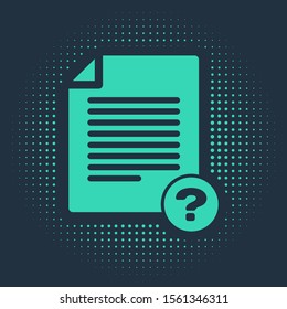 Green Unknown document icon isolated on blue background. File with Question mark. Hold report, service and global search sign. Abstract circle random dots. Vector Illustration