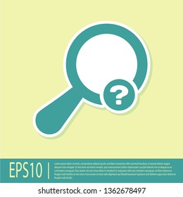 Green Unknown search icon isolated on yellow background. Magnifying glass and question mark. Vector Illustration