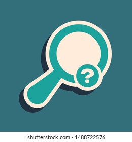 Green Unknown search icon isolated on blue background. Magnifying glass and question mark. Long shadow style. Vector Illustration