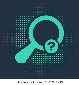 Green Unknown search icon isolated on blue background. Magnifying glass and question mark. Abstract circle random dots. Vector Illustration