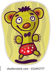 Green unusual creature with a big head in red panties with polka dots jumped on one leg and smiling.