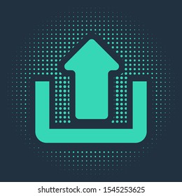 Green Upload icon isolated on blue background. Up arrow. Abstract circle random dots. Vector Illustration