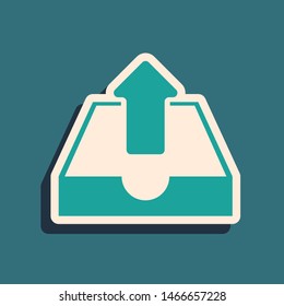 Green Upload inbox icon isolated on blue background. Long shadow style. Vector Illustration