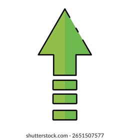 Seta para cima verde com preenchimento gradiente e contorno preto, apresentando três barras verdes horizontais abaixo da ponta da seta; representa crescimento, progresso ou movimento positivo.