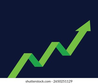 Gráfico de seta verde para cima mostrando o crescimento dos negócios e o sucesso em fundo escuro, simbolizando o aumento financeiro e tendências positivas, Vetor