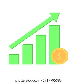 Gráfico de barras hacia arriba verde con flecha e icono de moneda de dólar. Crecimiento del negocio, éxito financiero, aumento de beneficios, inversión, ingresos, análisis y concepto de progreso económico sobre fondo blanco.