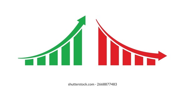 Iconos de gráficos verdes al alza y rojos a la baja que representan el crecimiento financiero, el aumento del mercado, el aumento de las acciones, la mejora del negocio, la caída del mercado, la disminución de las ventas y las tendencias económicas