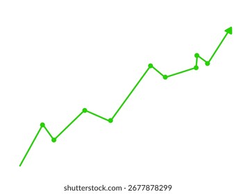 Green upward trending line graph with dots isolated on transparent background