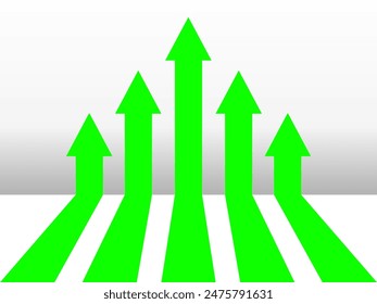 Green upwards arrow on wall, white background, success, way to win, target 