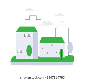 Green urban environment concept. Eco-friendly buildings, houses. Clean city, sustainable architecture development. Cityscape with trees. Flat vector illustration isolated on white background