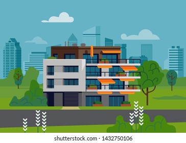 Green urban environment landscape with apartment building. Modern residential housing unit with terraces, penthouse or attic in ecologically clean area