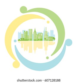 Green urban inside icon recycling in flat style. Eco-friendly city concept. Energy safety and clean planet.