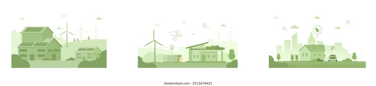 Paisaje urbano verde con casas alimentadas por energía solar, carga de automóviles eléctricos y horizonte de la ciudad. Casas ecológicas con paneles solares en los techos. Casa ecológica, turbinas eólicas y almacenamiento de energía