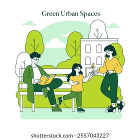 Green Urban Spaces concept. Citizens enjoying eco-friendly city life amidst lush park surroundings. Sustainable living and community interaction. Vector illustration.