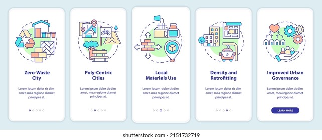 Green urbanism principles onboarding mobile app screen. Zero waste city walkthrough 5 steps graphic instructions pages with linear concepts. UI, UX, GUI template. Myriad Pro-Bold, Regular fonts used