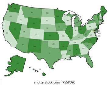 Green US Political Map with states boundaries