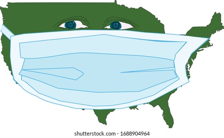 Green USA map with surgical mask and scared eyes - cartoon figure	
