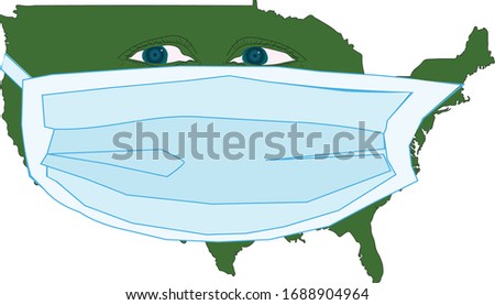 Green USA map with surgical mask and scared eyes - cartoon figure	

