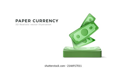 Green USA paper currency. 3d dollar isolated on white background. Realistic money business concept. Wealth and success symbol. Vector illustration