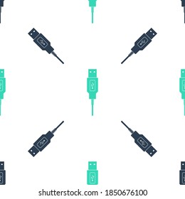 Green USB cable cord icon isolated seamless pattern on white background. Connectors and sockets for PC and mobile devices. Smartphone recharge supply. Vector.