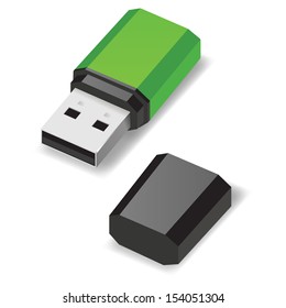 Green USB flash drive with black cap isolated on white.