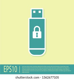 Green USB flash drive with closed padlock icon isolated on yellow background. Security, safety, protection concept. Vector Illustration