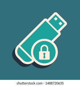 Green USB flash drive with closed padlock icon isolated on blue background. Security, safety, protection concept. Long shadow style. Vector Illustration