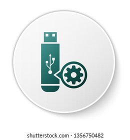 Green USB flash drive and gear icon isolated on white background. Adjusting app, service concept, setting options, maintenance, repair, fixing. White circle button. Vector Illustration