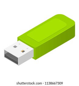 Green usb flash drive icon. Isometric of green usb flash drive vector icon for web design isolated on white background