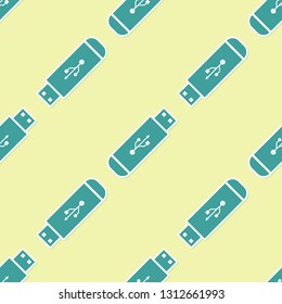 Green USB flash drive icon isolated seamless pattern on yellow background. Flat design. Vector Illustration