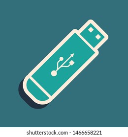 Green USB flash drive icon isolated on blue background. Long shadow style. Vector Illustration