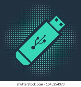 Green USB flash drive icon isolated on blue background. Abstract circle random dots. Vector Illustration
