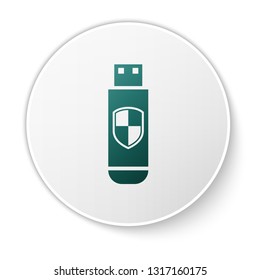 Green USB flash drive and protection shield icon isolated on white background. Green circle button. Vector Illustration