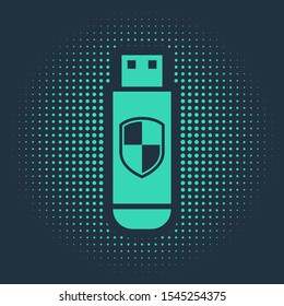 Green USB flash drive and protection shield icon isolated on blue background. Abstract circle random dots. Vector Illustration